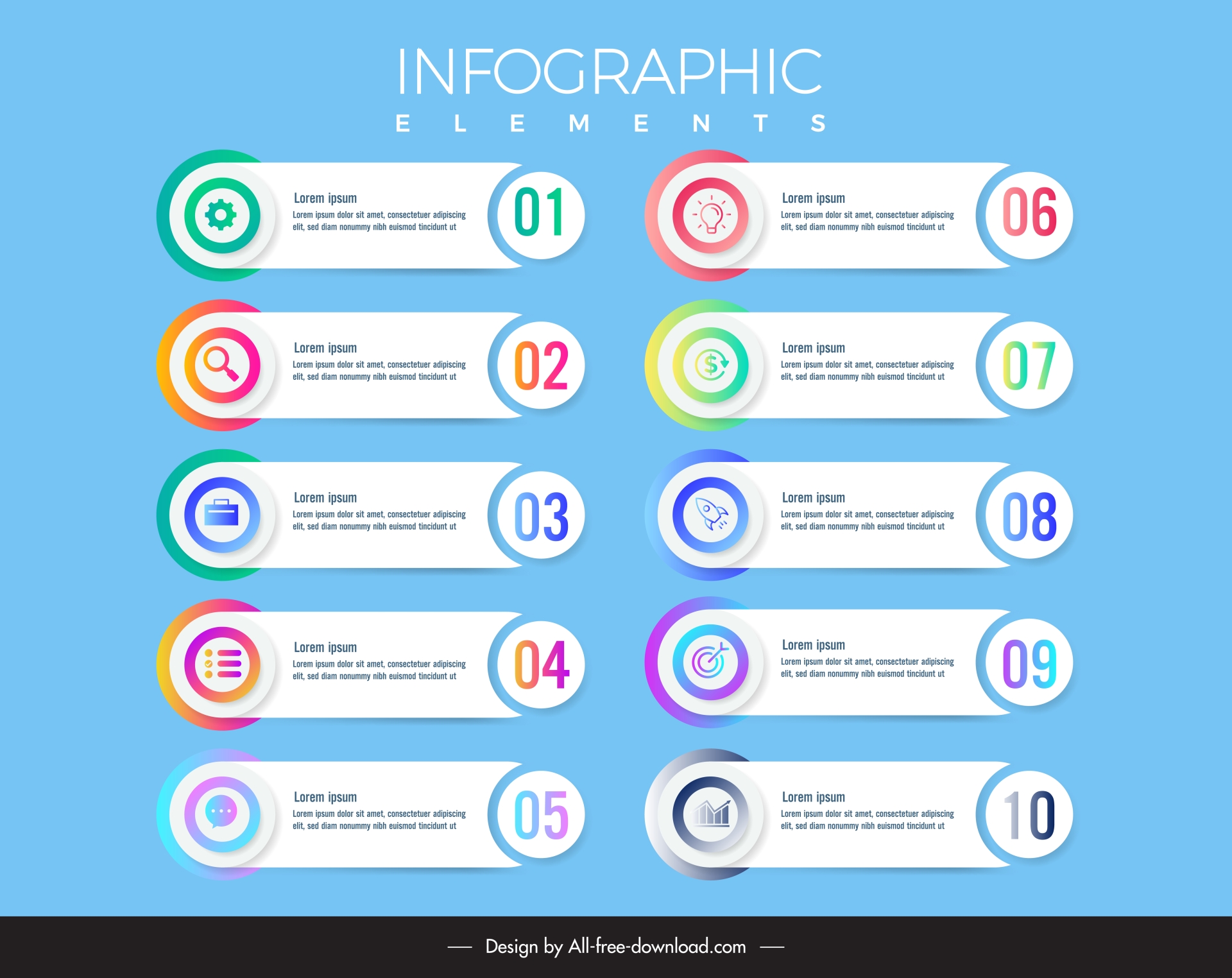 1 to 10 elements infographic template flat horizontal tabs layout