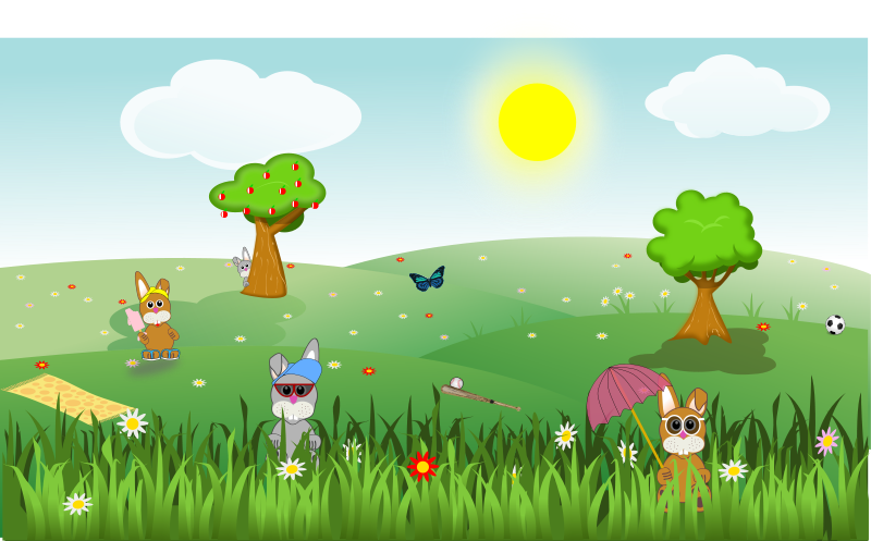 Summer green and sunny landscape with bunnies, trees, flowers, butterfly, apples, sports, ...