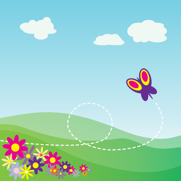 Cartoon Hillside With Butterfly And Flowers clip art