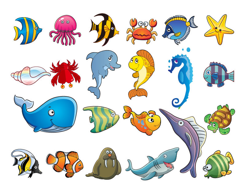 Marine Animal Cartoon Vector Set