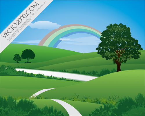 Fresh green landscape with rainbow