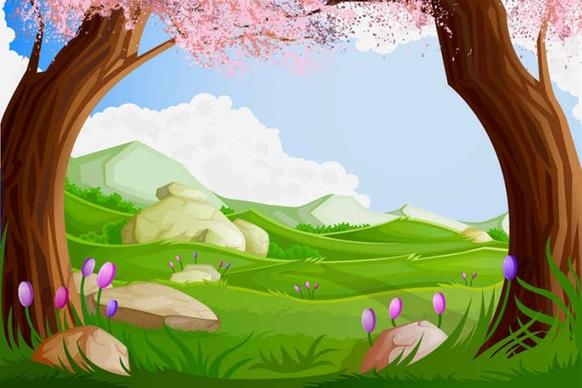 Green Cartoon Landscapes Vector Background