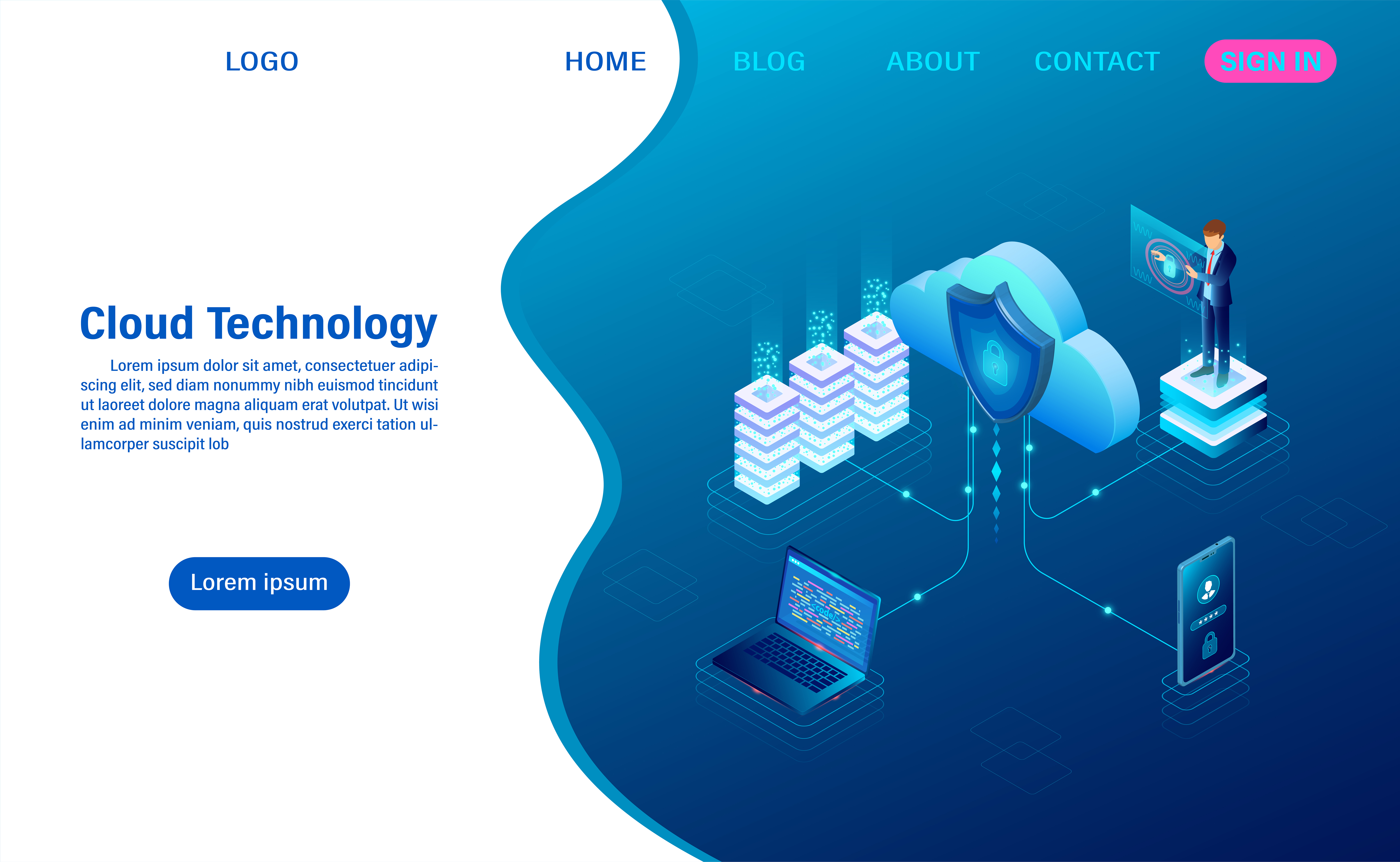 cloud computing technology concept digital service or app with data transfering data processing protecting data security concept isometric flat design