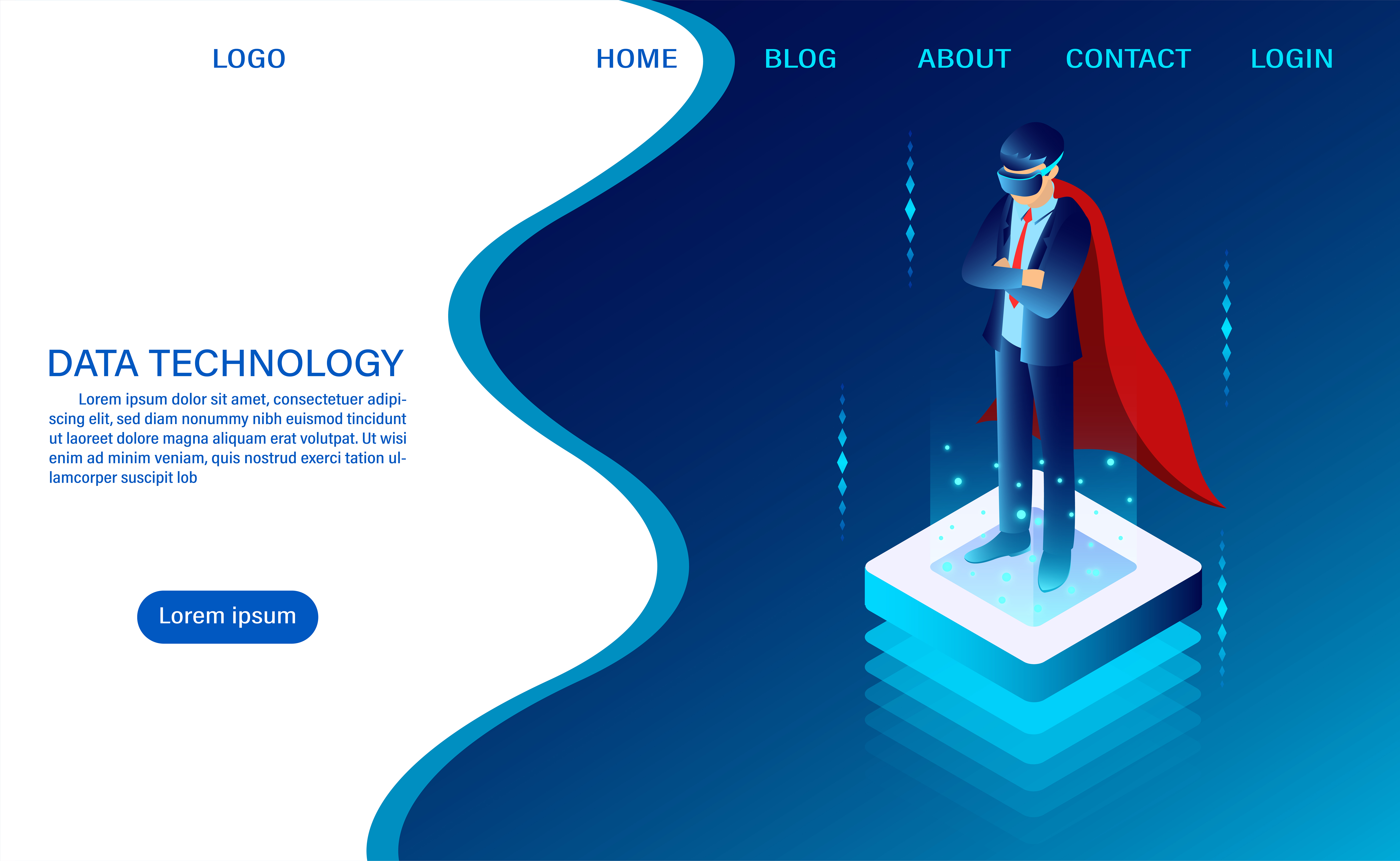 hero businessman is standing wearing goggle vr on the luminous button concept it technology web header template flat isometric vector illustration