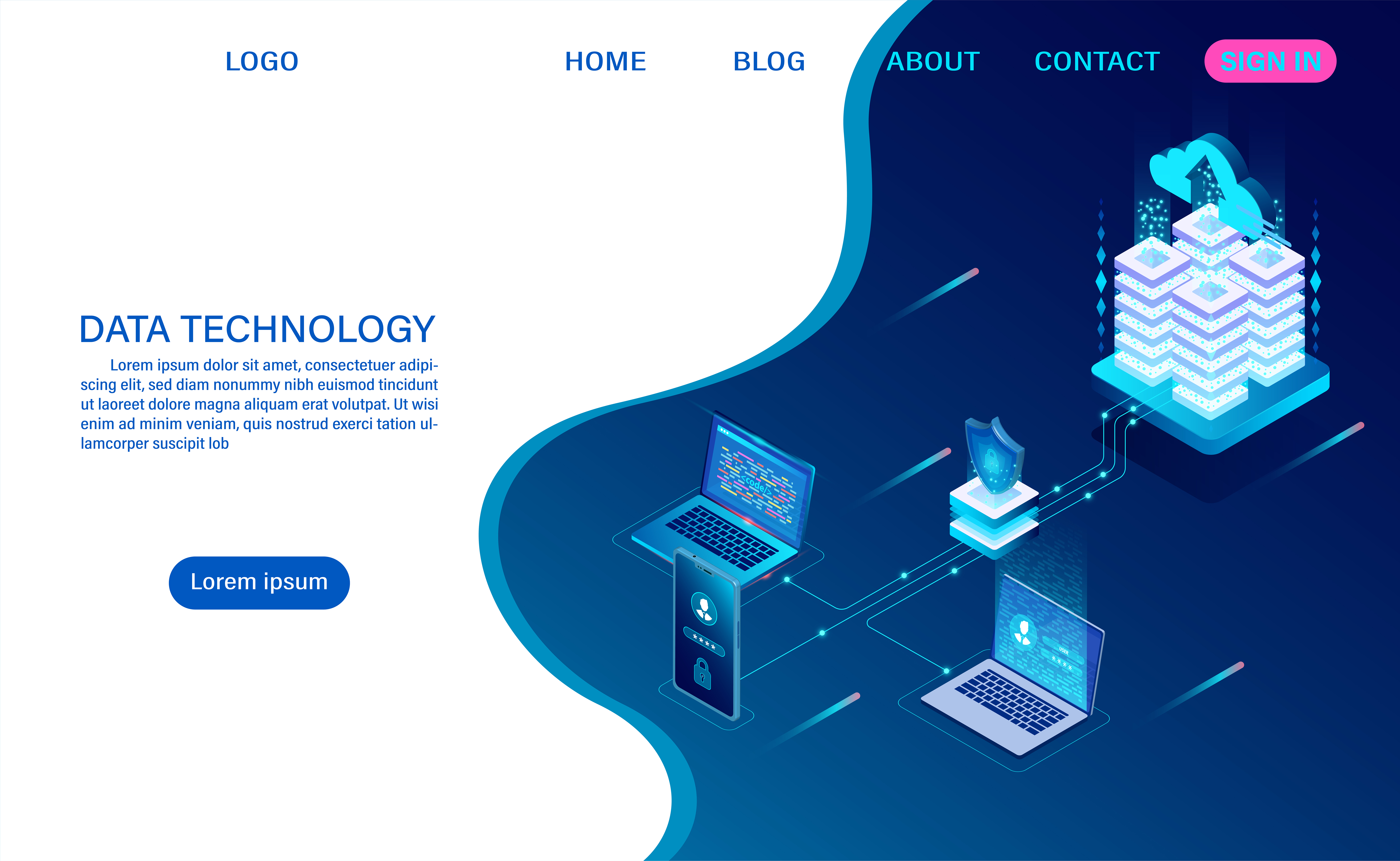 datacenter server room cloud storage technology and big data processing protecting data security concept digital information isometric cartoon vector