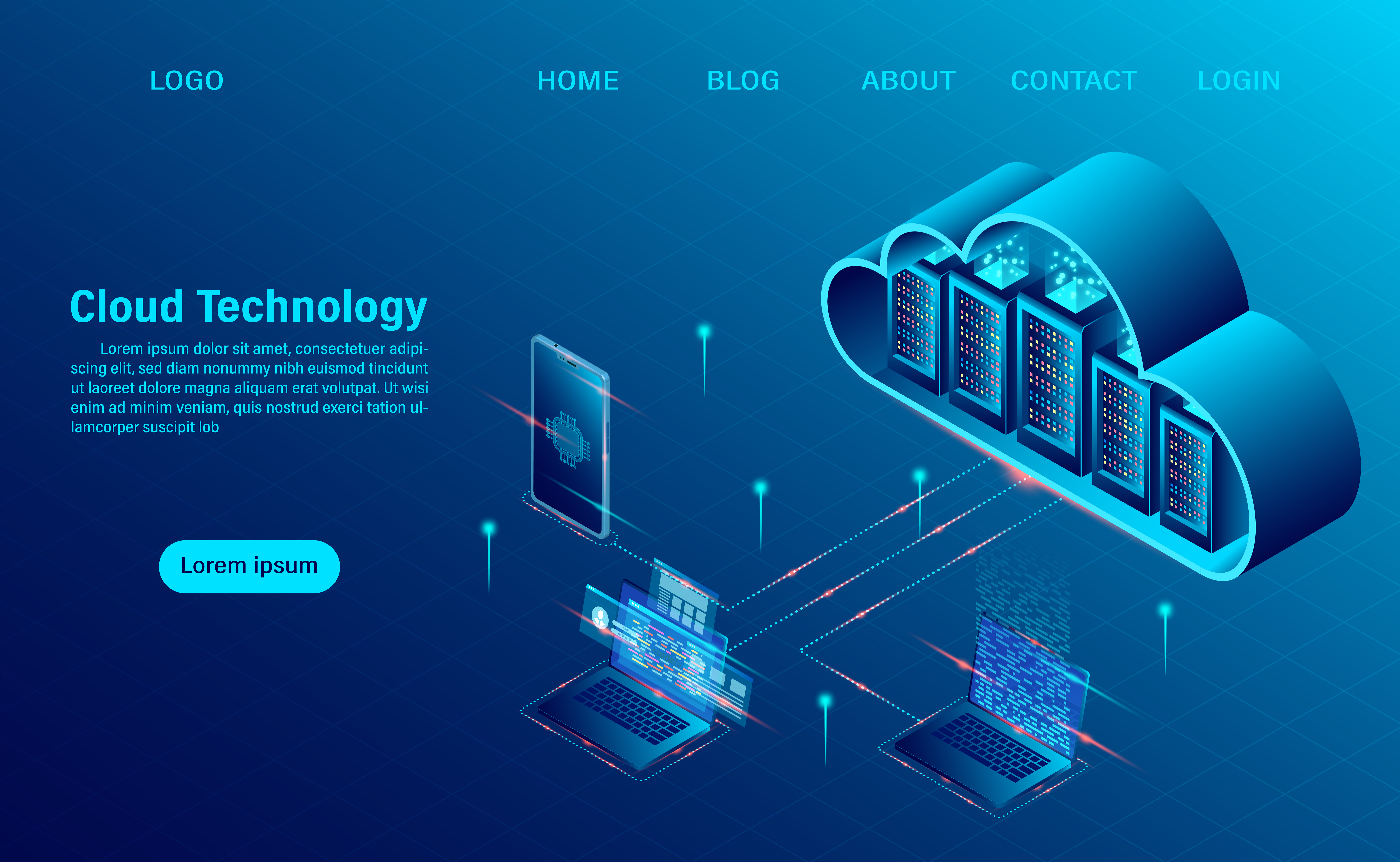 cloud computing concept online computing technology big data flow processing concept 3d servers and datacenter isometric flat design vector illustration