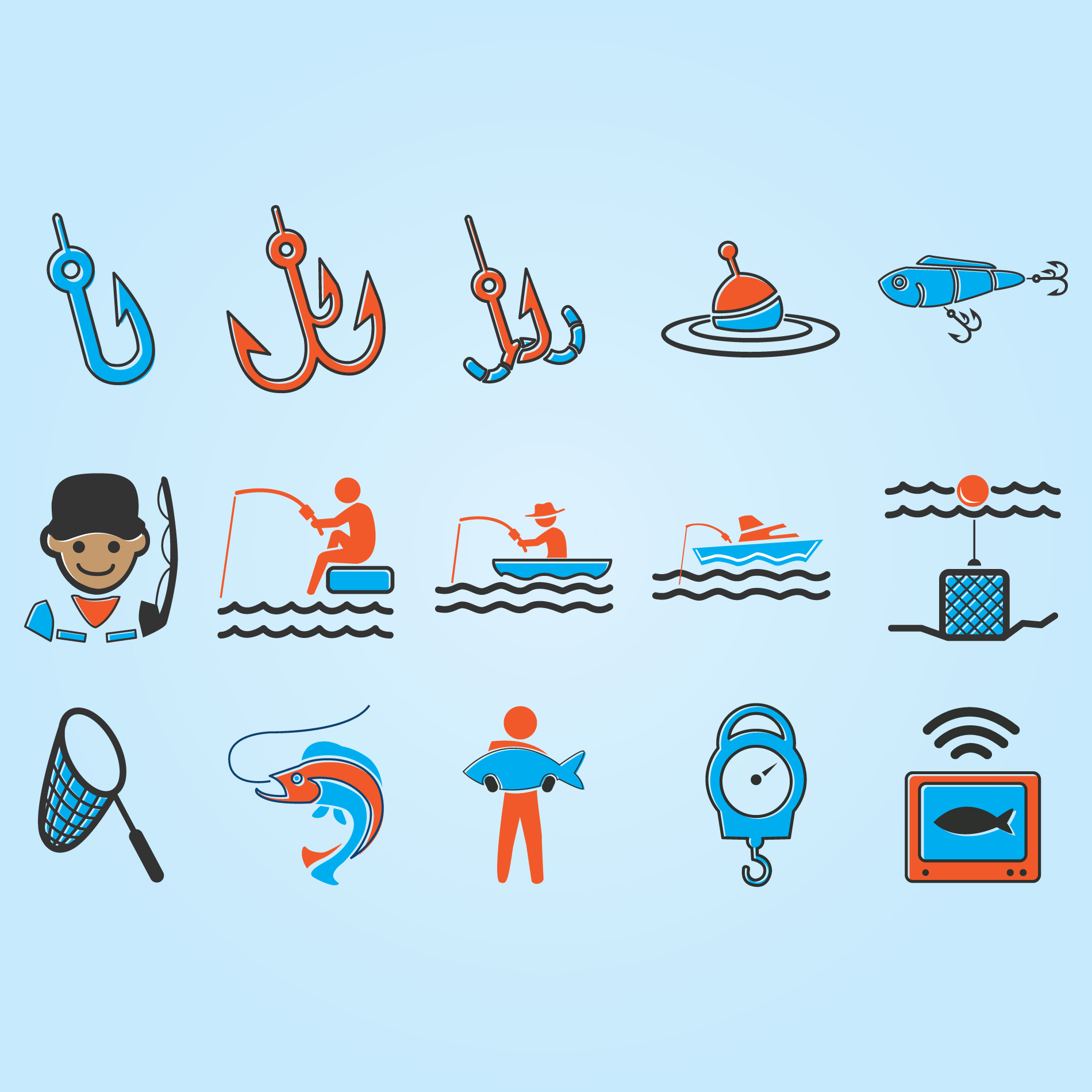 fishing boat lure icon set