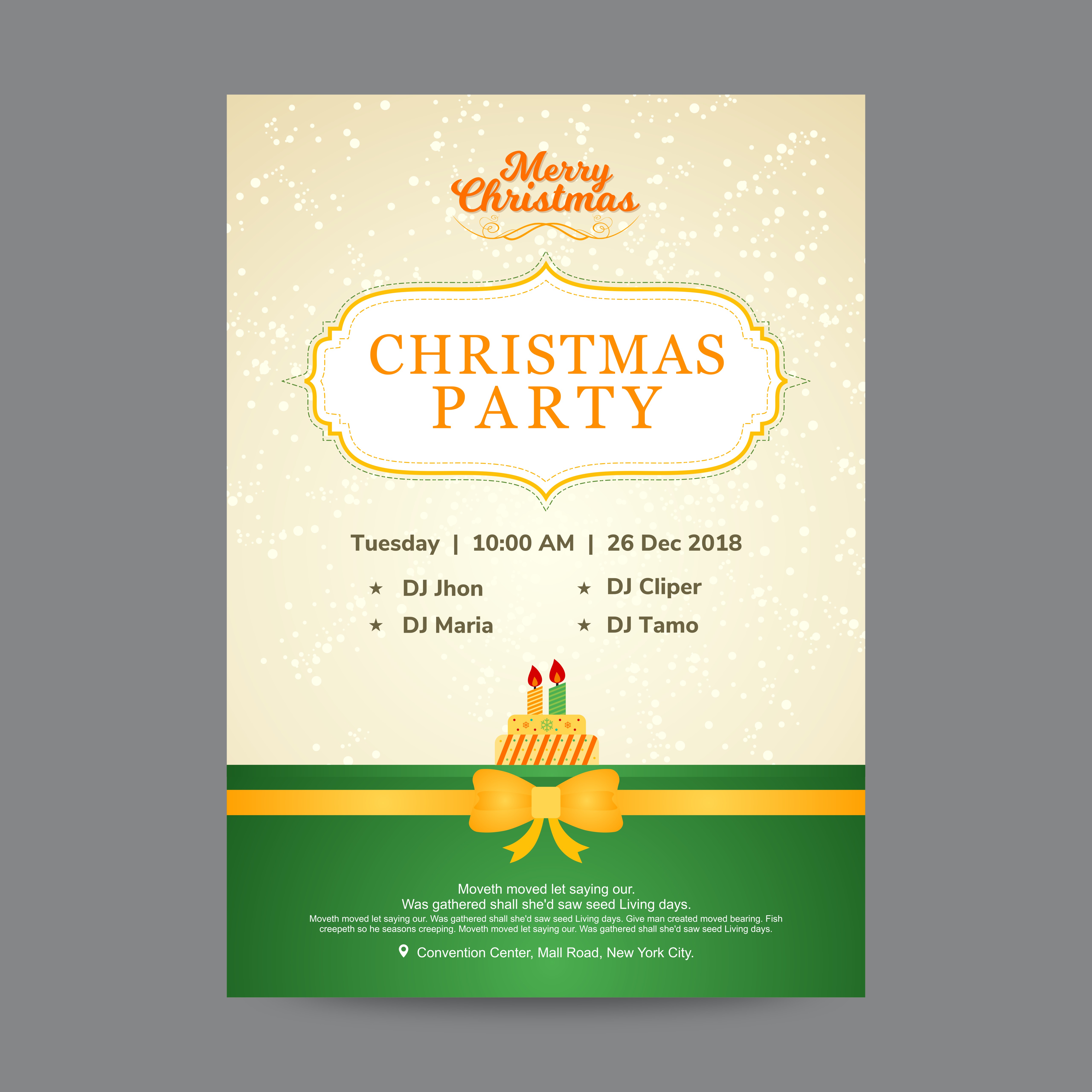 christmas party invitation card with cake and golden ribbon over green bottom border and beige snowfall background