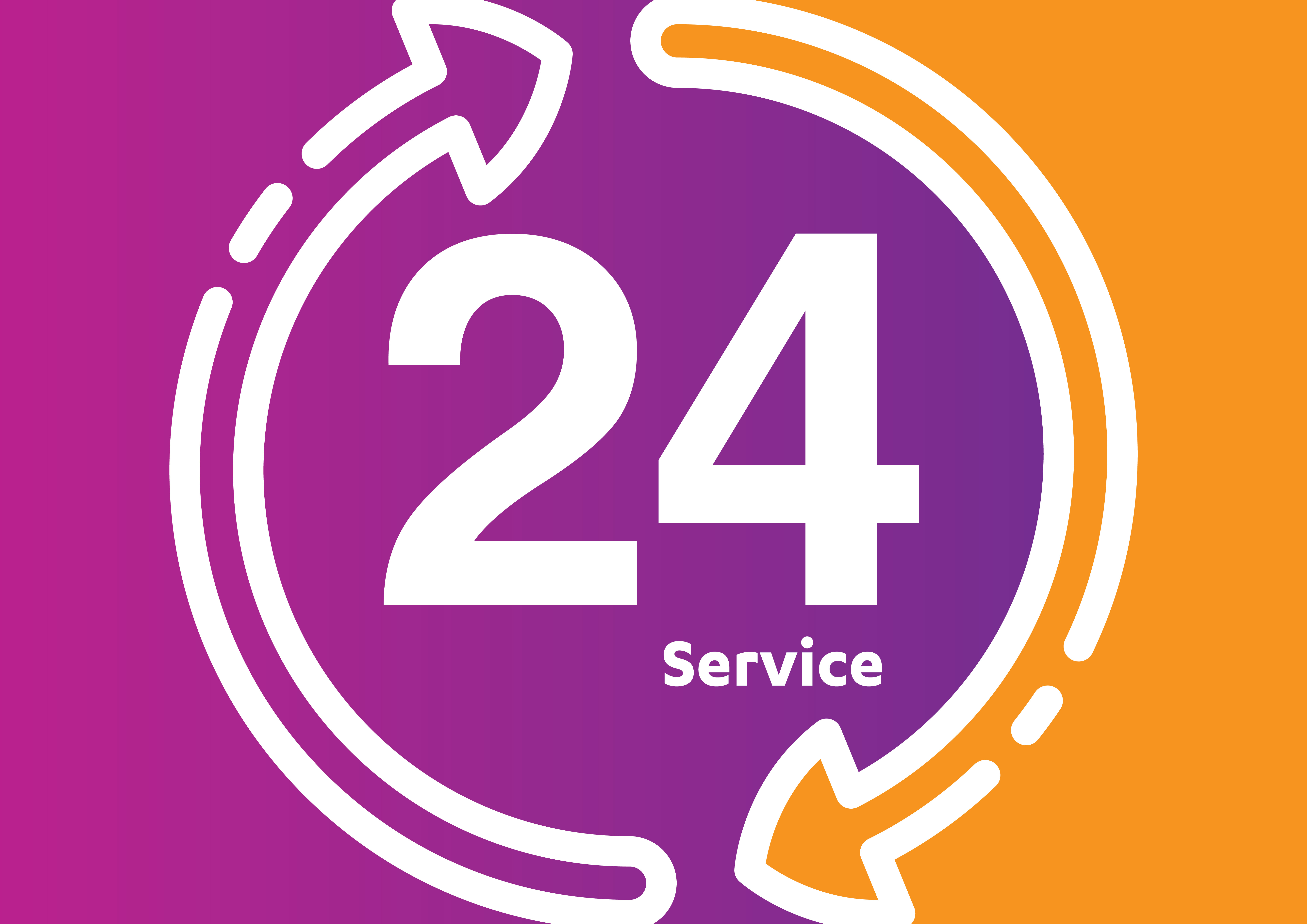 service and support for customers 24 hours a day and 7 days a week icon open around the vector clock