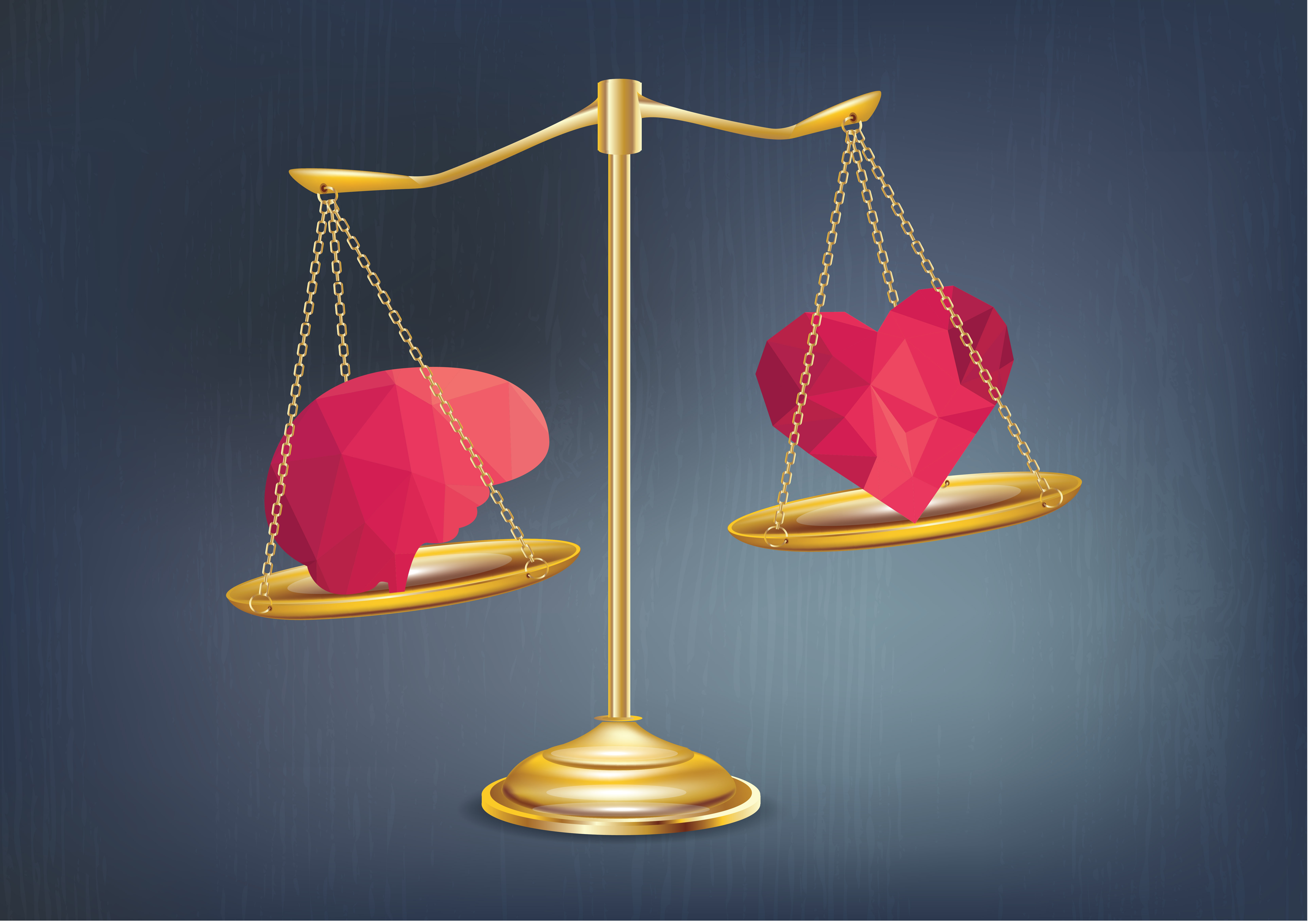 heart and brain on scales choice concept balance between logic and emotion love and passion against reason cartoon hand drawn vector illustration in sketch style isolated