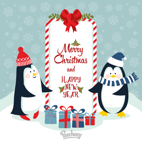 merry christmas and happy new year with cute penguins