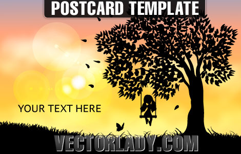 vector postcard template small girl on swing