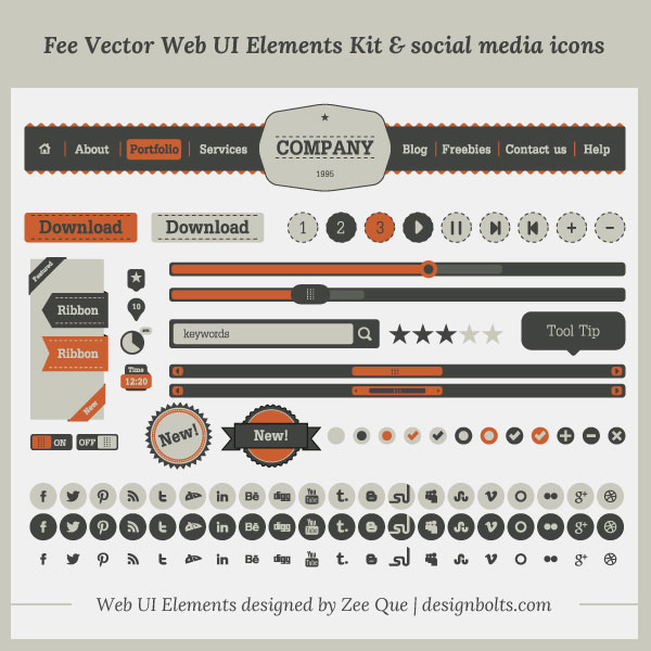 fee vector simple web ui elements kit social media icons set