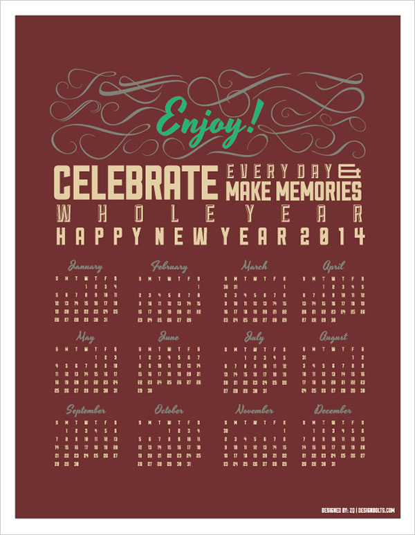 free vector retro printable calendar 2014