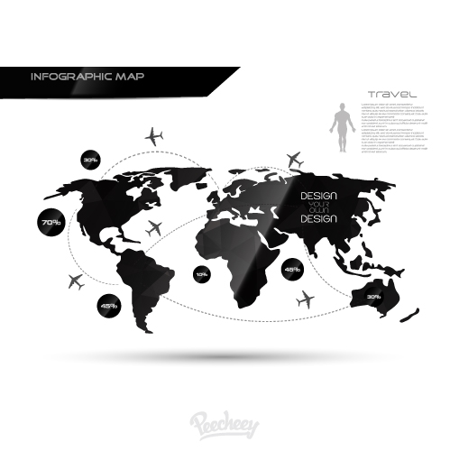 black and white infographic world map