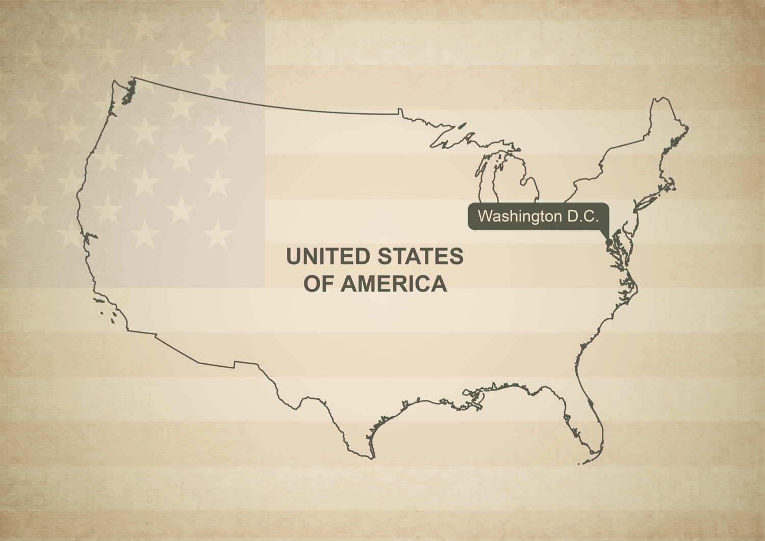 outline map of united states of america with complete flag in the background