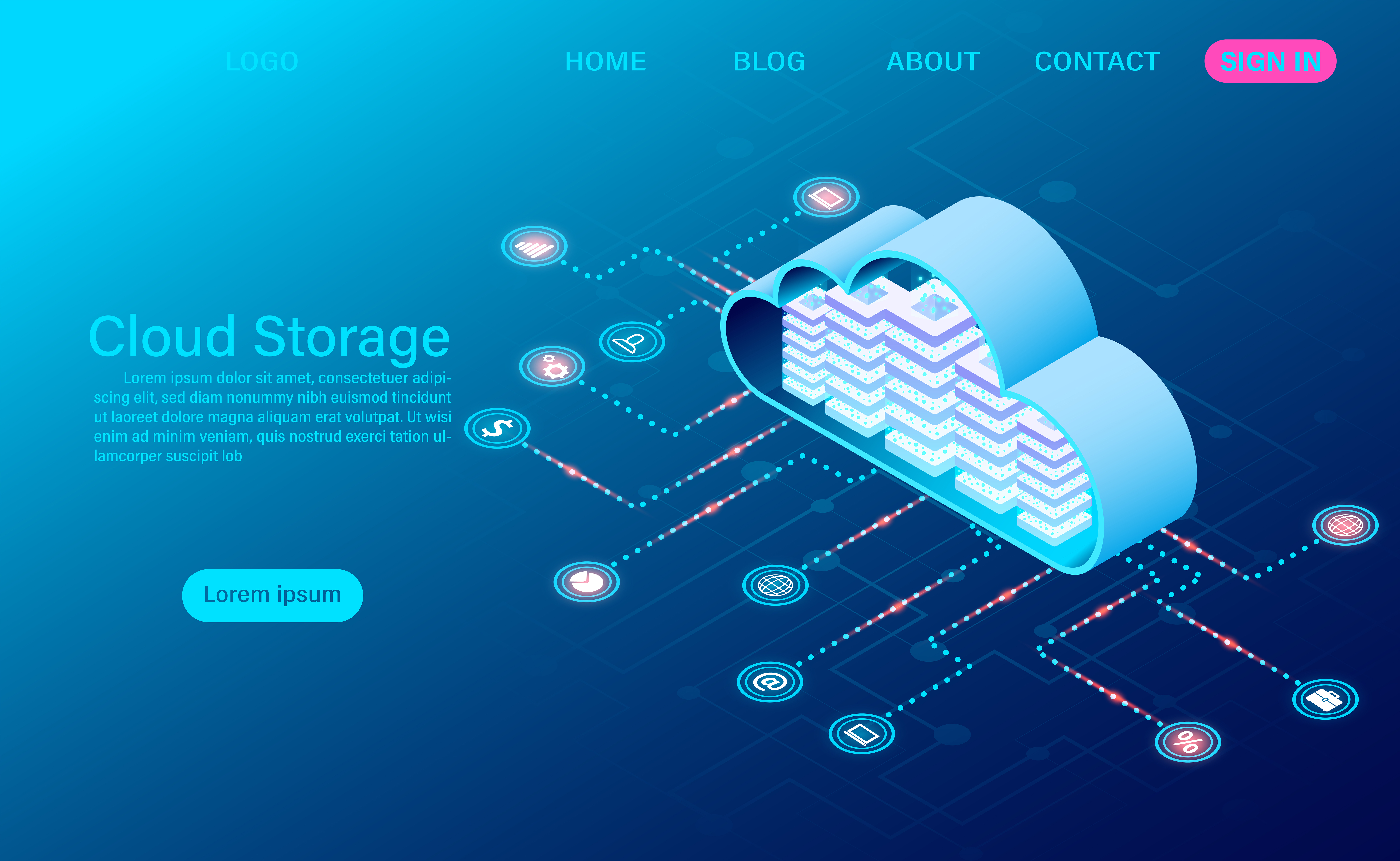 cloud storage technology and networking concept online computing technology big data flow processing concept vector illustration