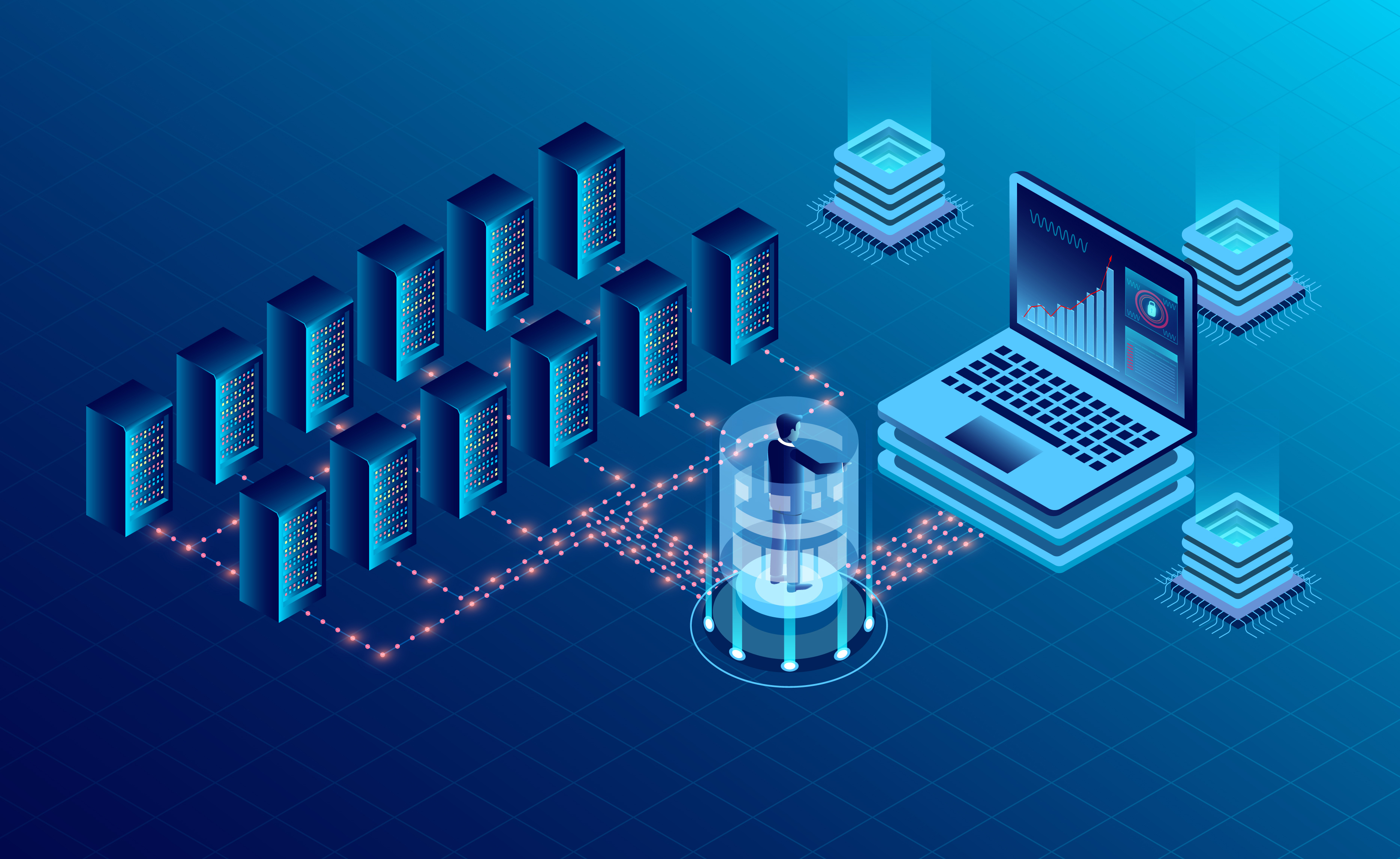 datacenter server room cloud storage technology and big data processing protecting data security concept digital information isometric dark neon vector