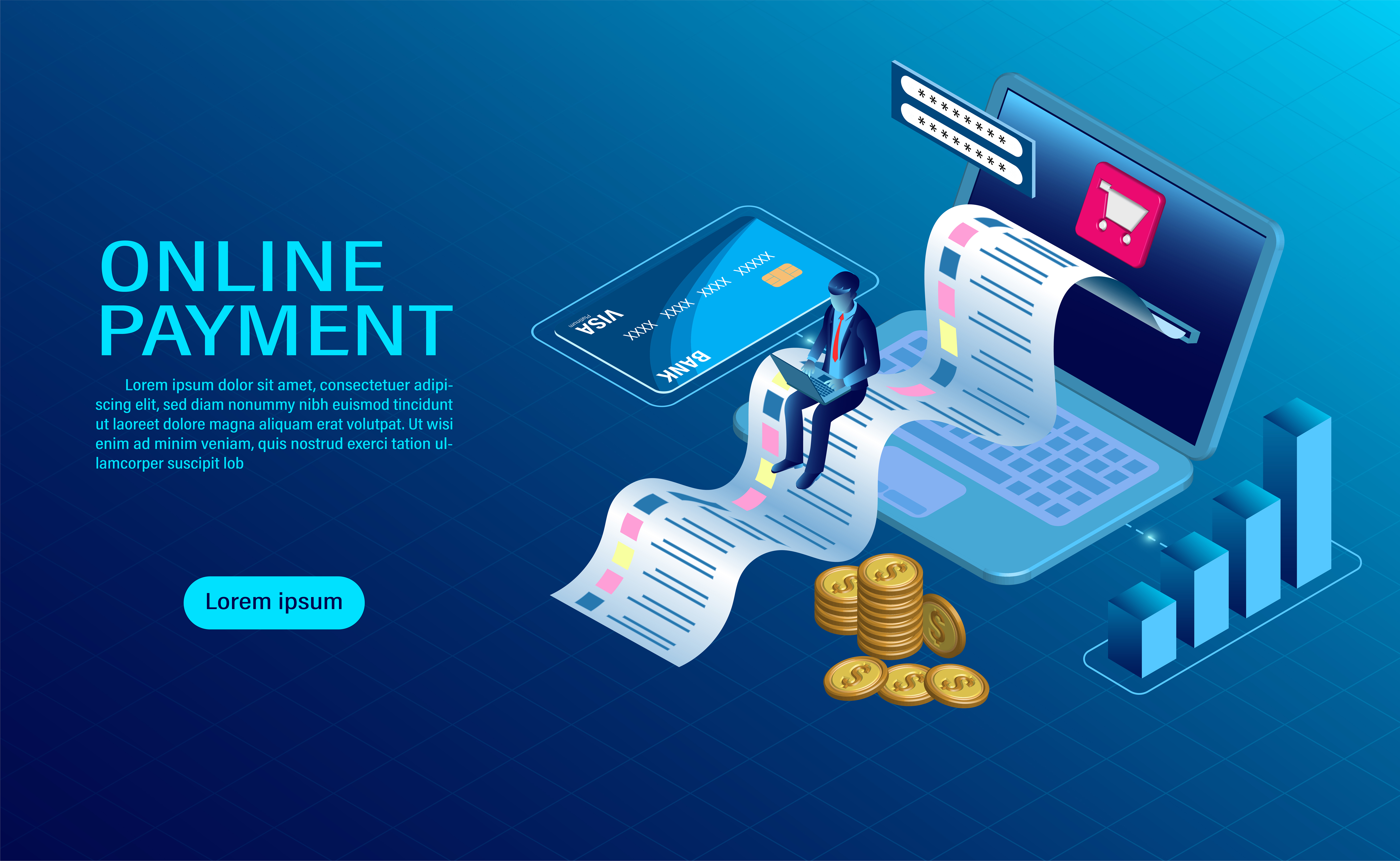 online payment with computer protection of money in laptop transactions modern flat design isometric illustration