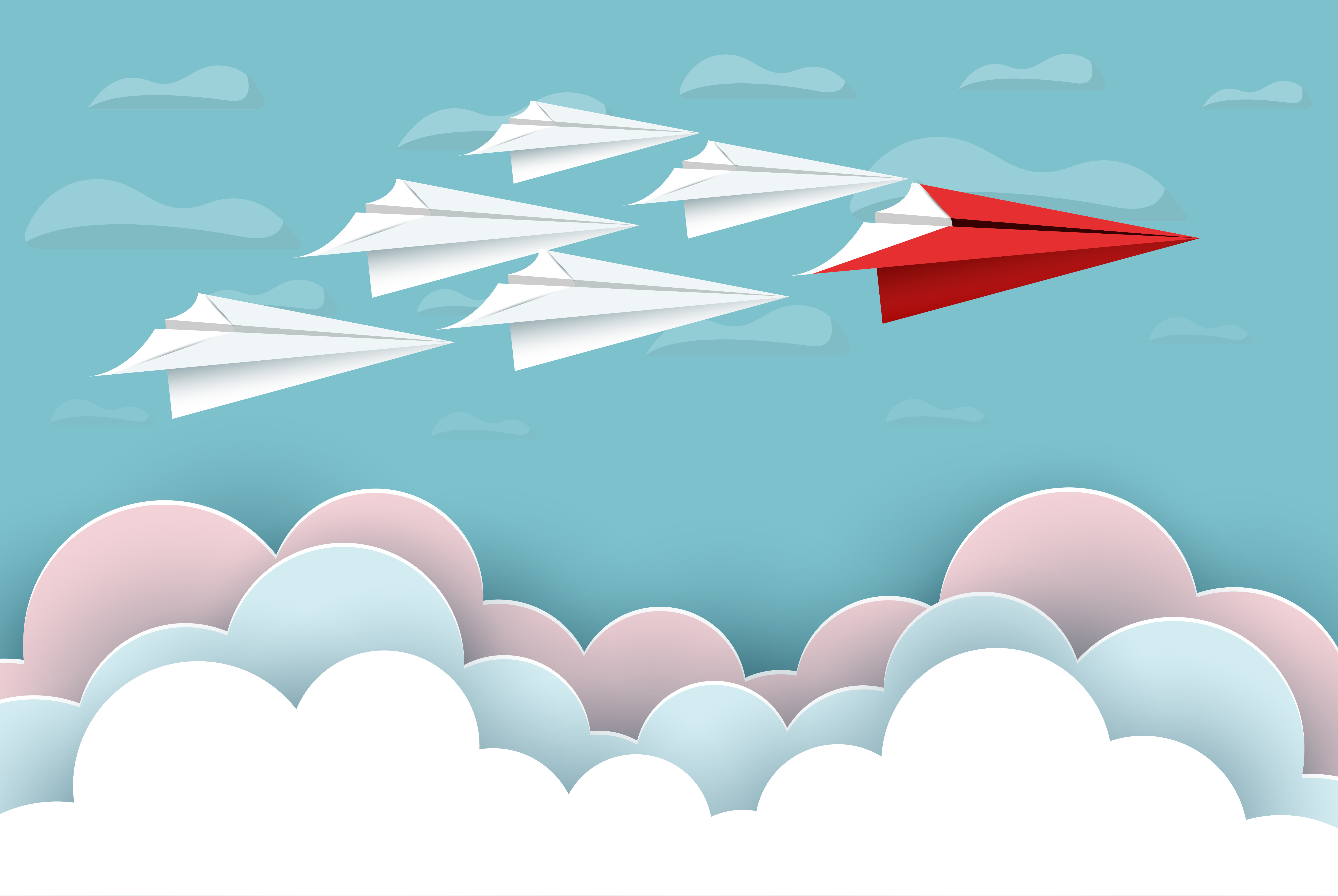 paper airplane red and white are fly up to the sky between cloud natural landscape go to target startup leadership concept of business success creative idea illustration vector cartoon