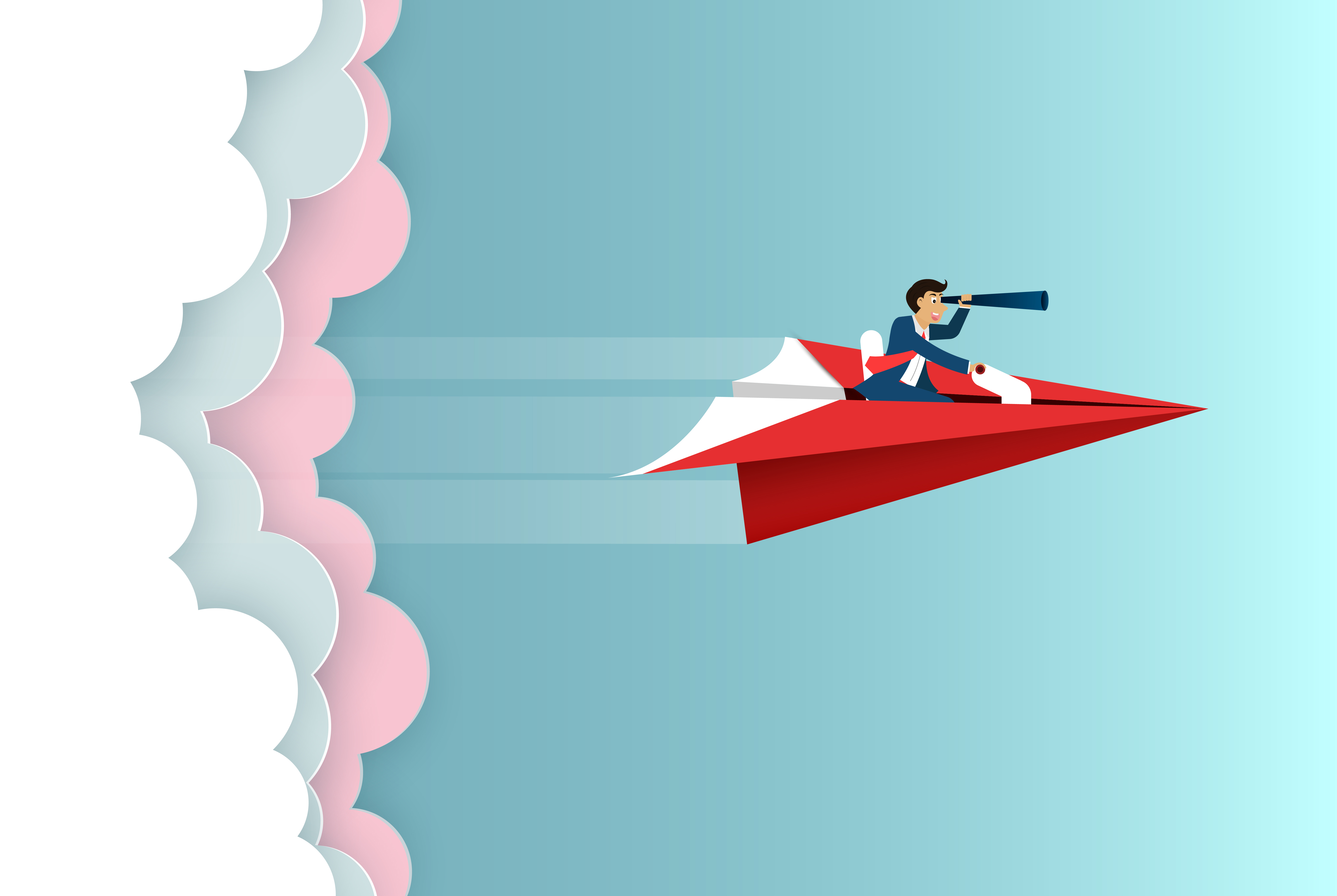 businessman sit on paper plane hold binoculars forward fly on sky go to success goal business finance concept creative idea startup illustration cartoon vector