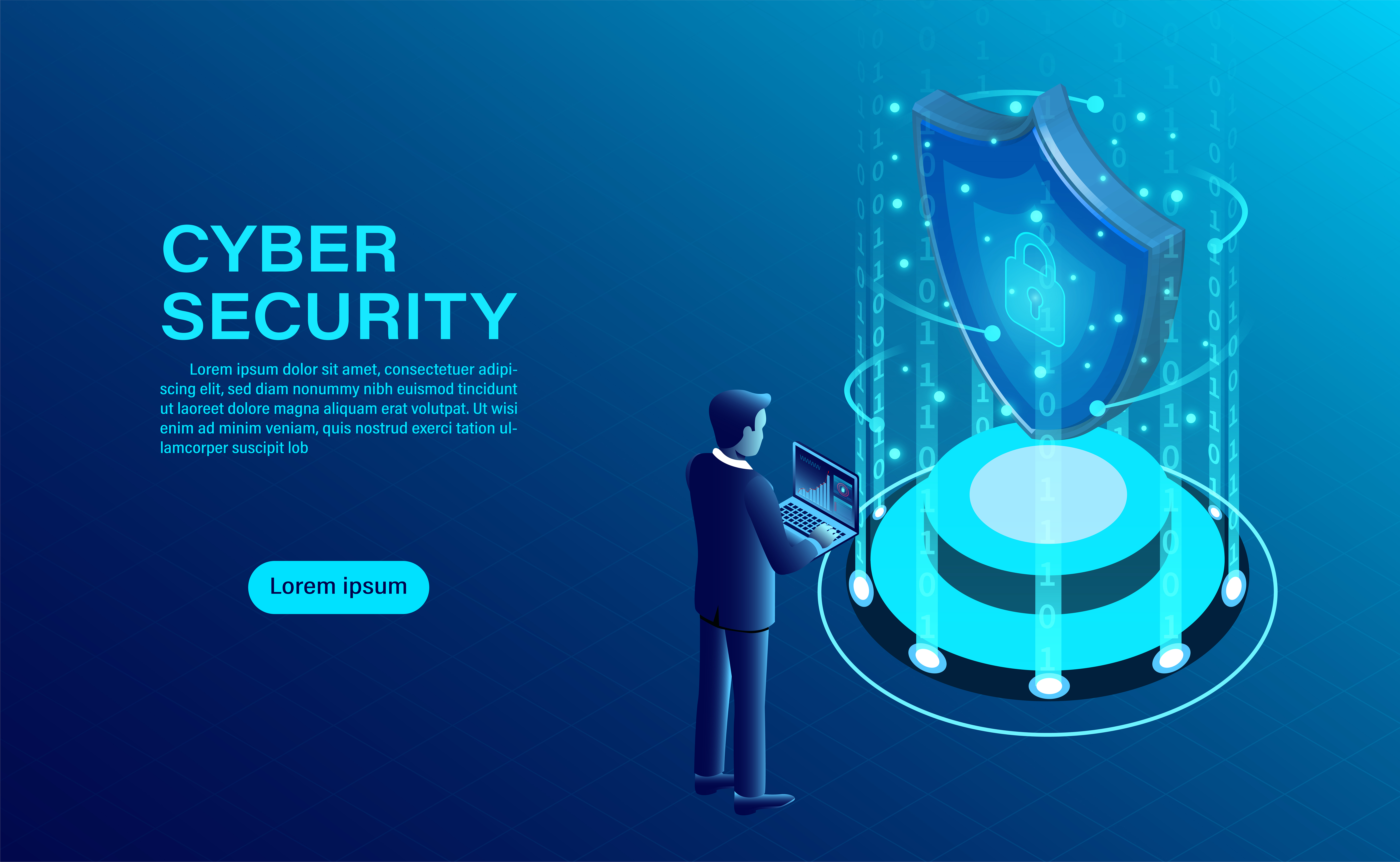 cyber security concept banner with businessman protect data and confidentiality and data privacy protection concept with icon of a shield and lock flat isometric vector illustration