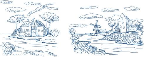 hand drawn countryside landscapes vector