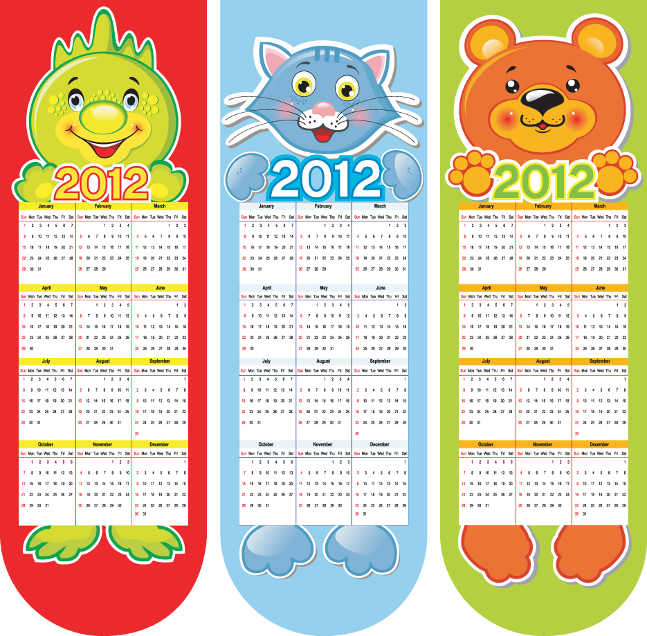 2012 calendar templates cute animals sketch colorful decor