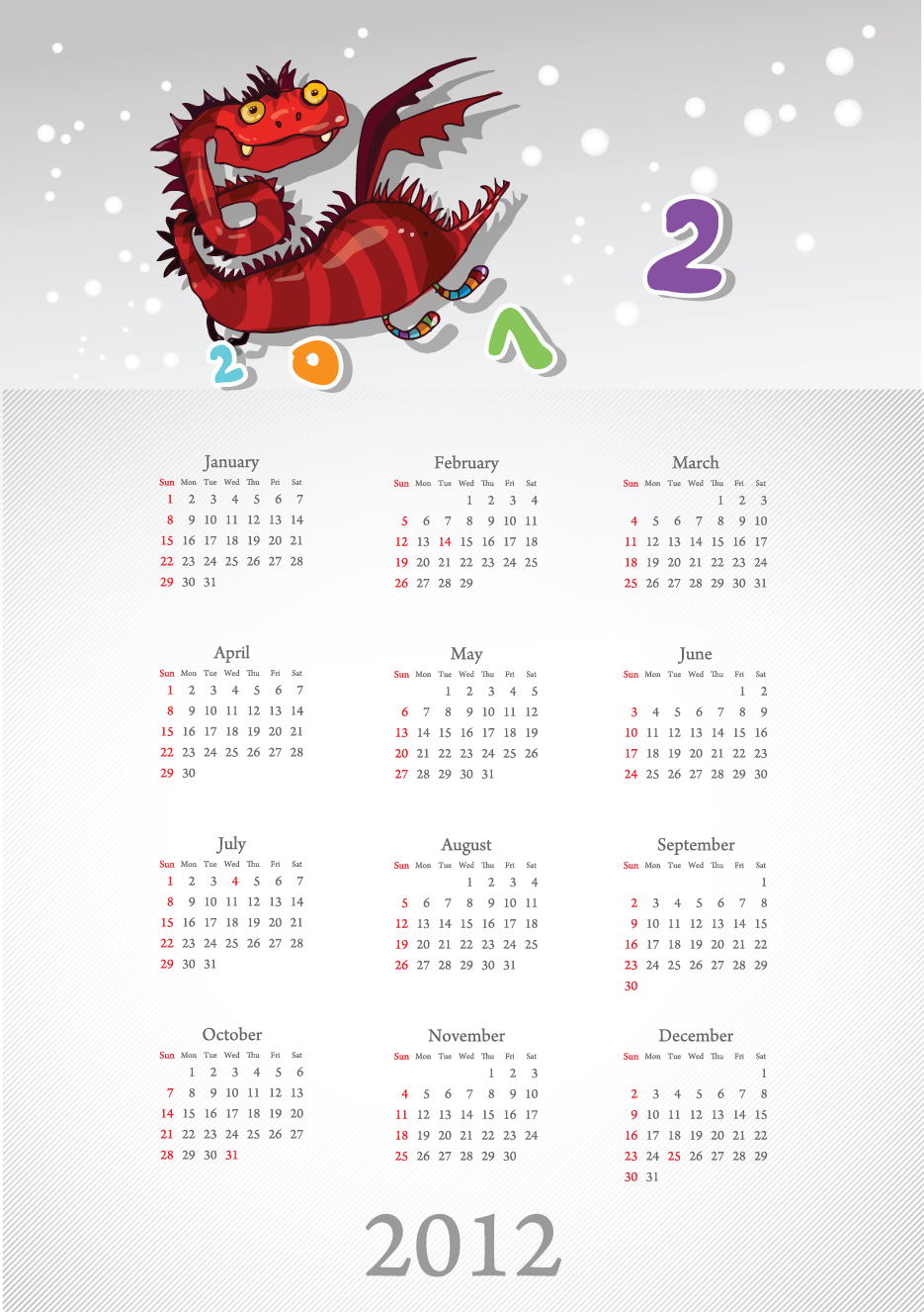 2012 calendar template funny dragon sketch