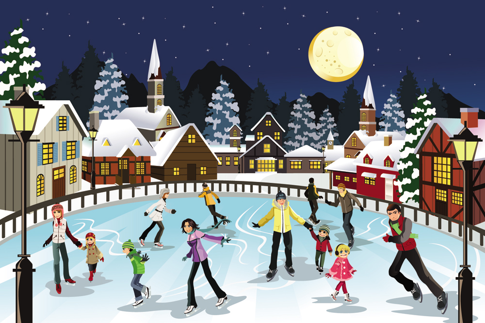 winter activity painting ice skating village cartoon design