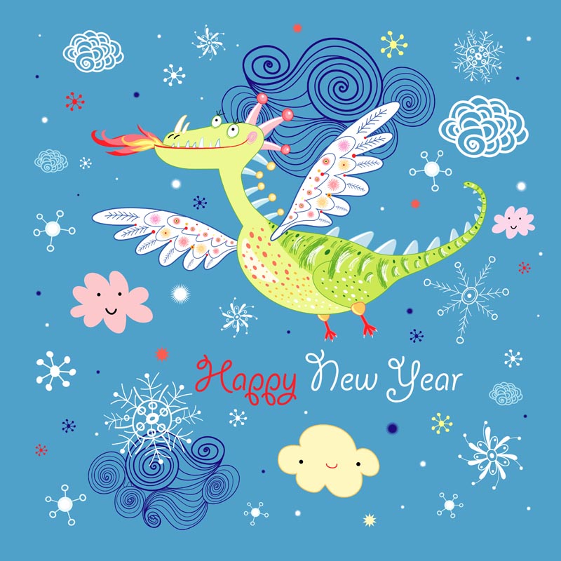 new year banner dragon sky elements handdrawn sketch