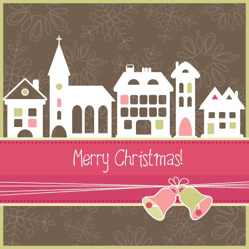 christmas card cover template flat buildings retro decor