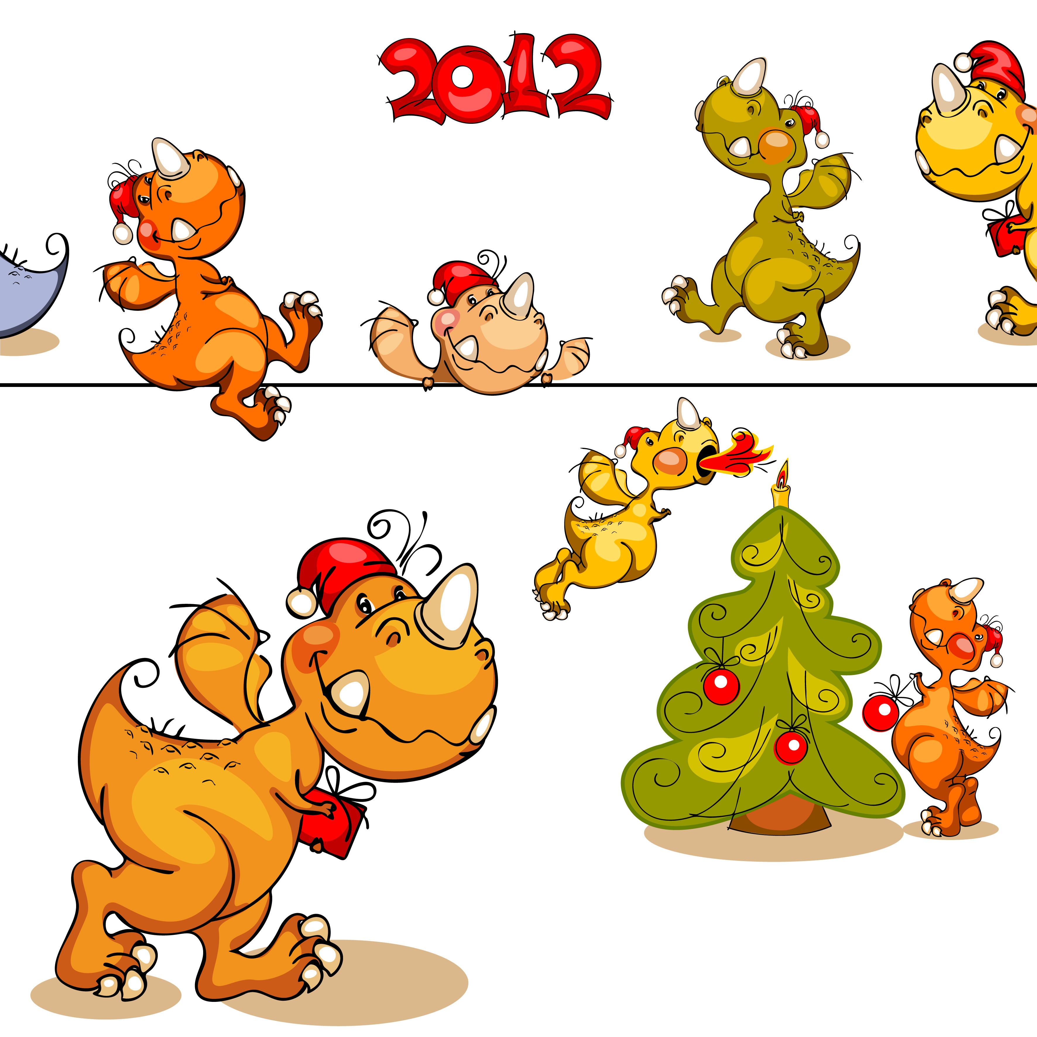 new year christmas decor elements cute handdrawn dragons sketch