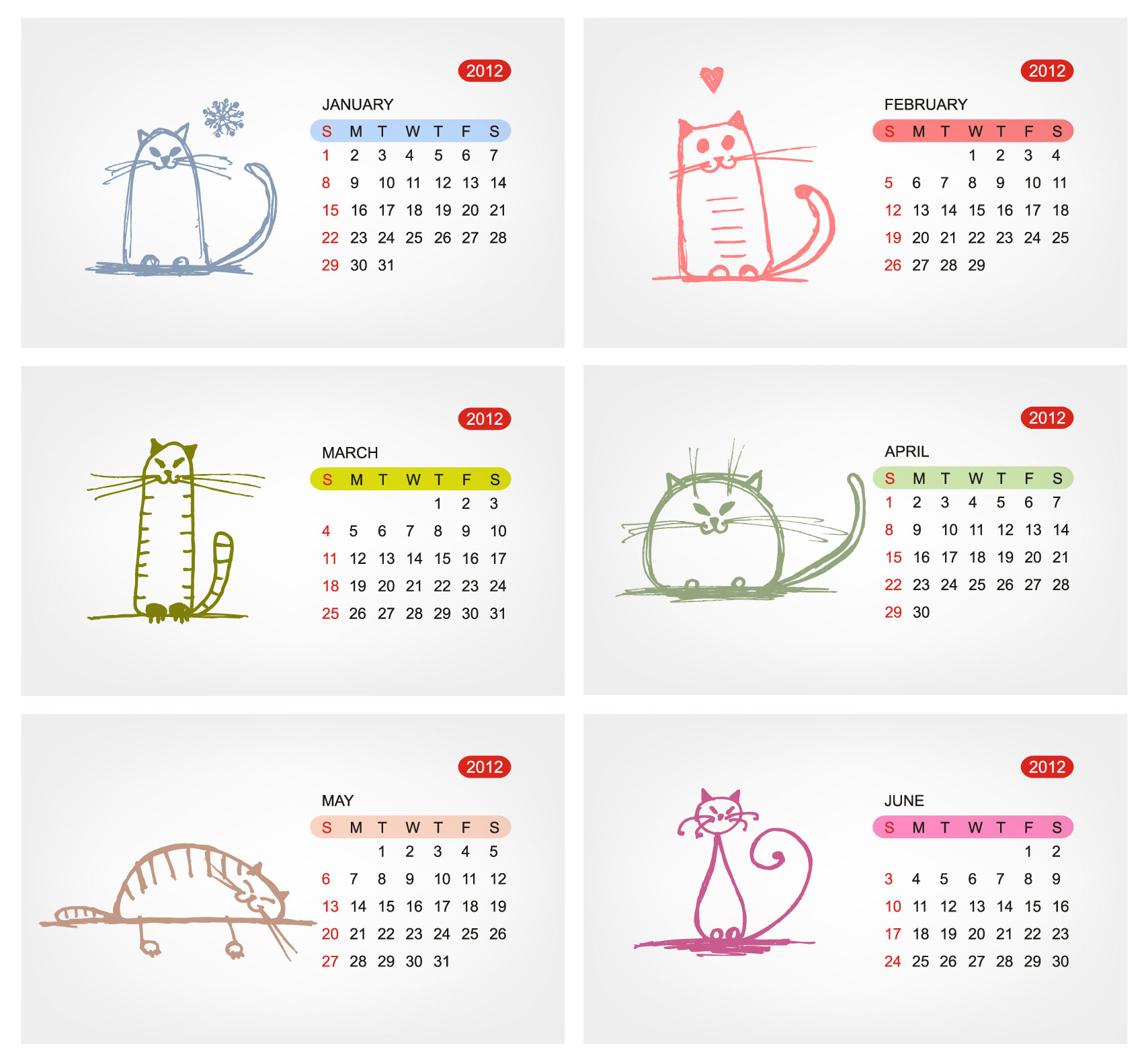 2012 calendar template cute flat handdrawn cats decor