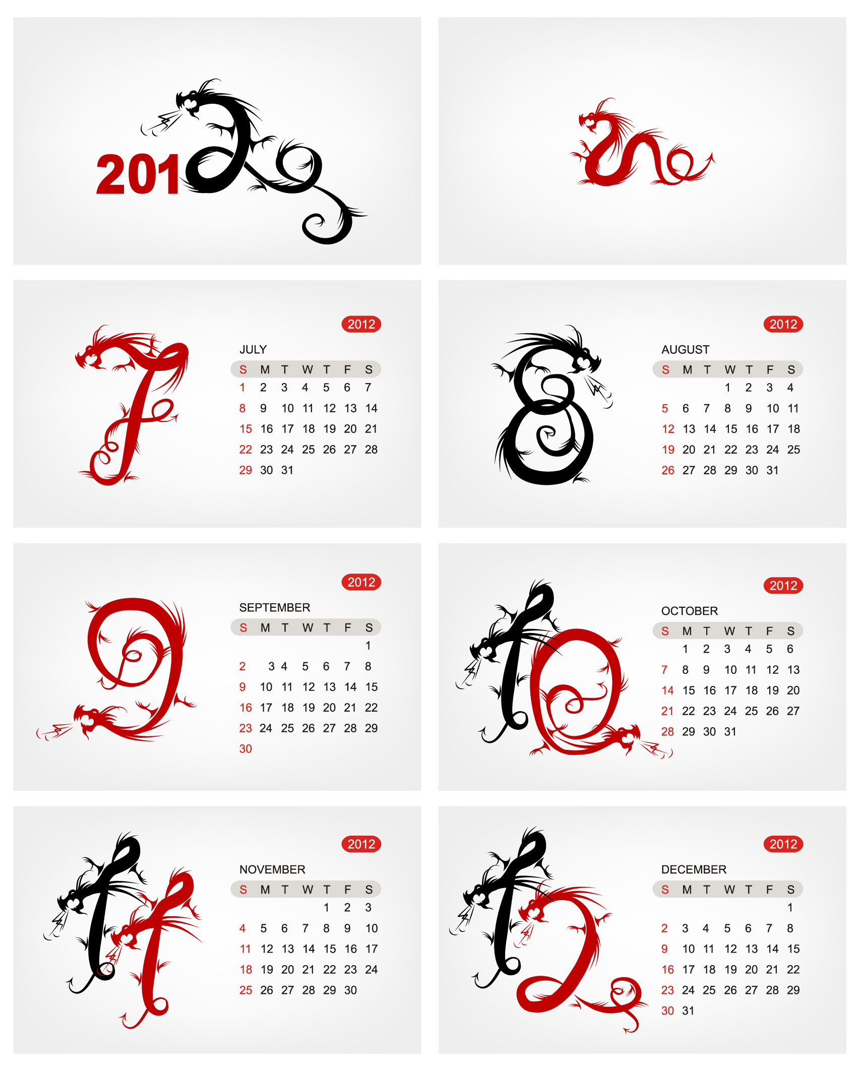 2012 calendar template oriental dragons sketch numbers shapes