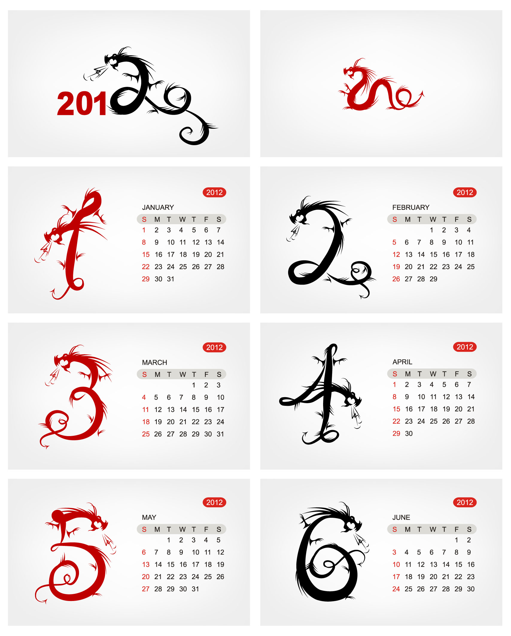 2012 calendar template classic oriental dragon figures sketch