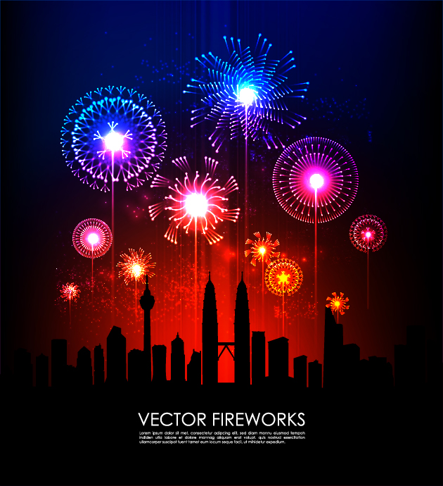 city fireworks banner colorful sparkling dark silhouette