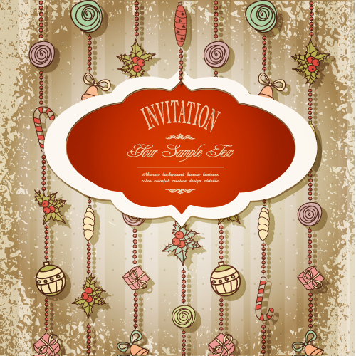 christmas invitation card retro handdrawn baubles decor