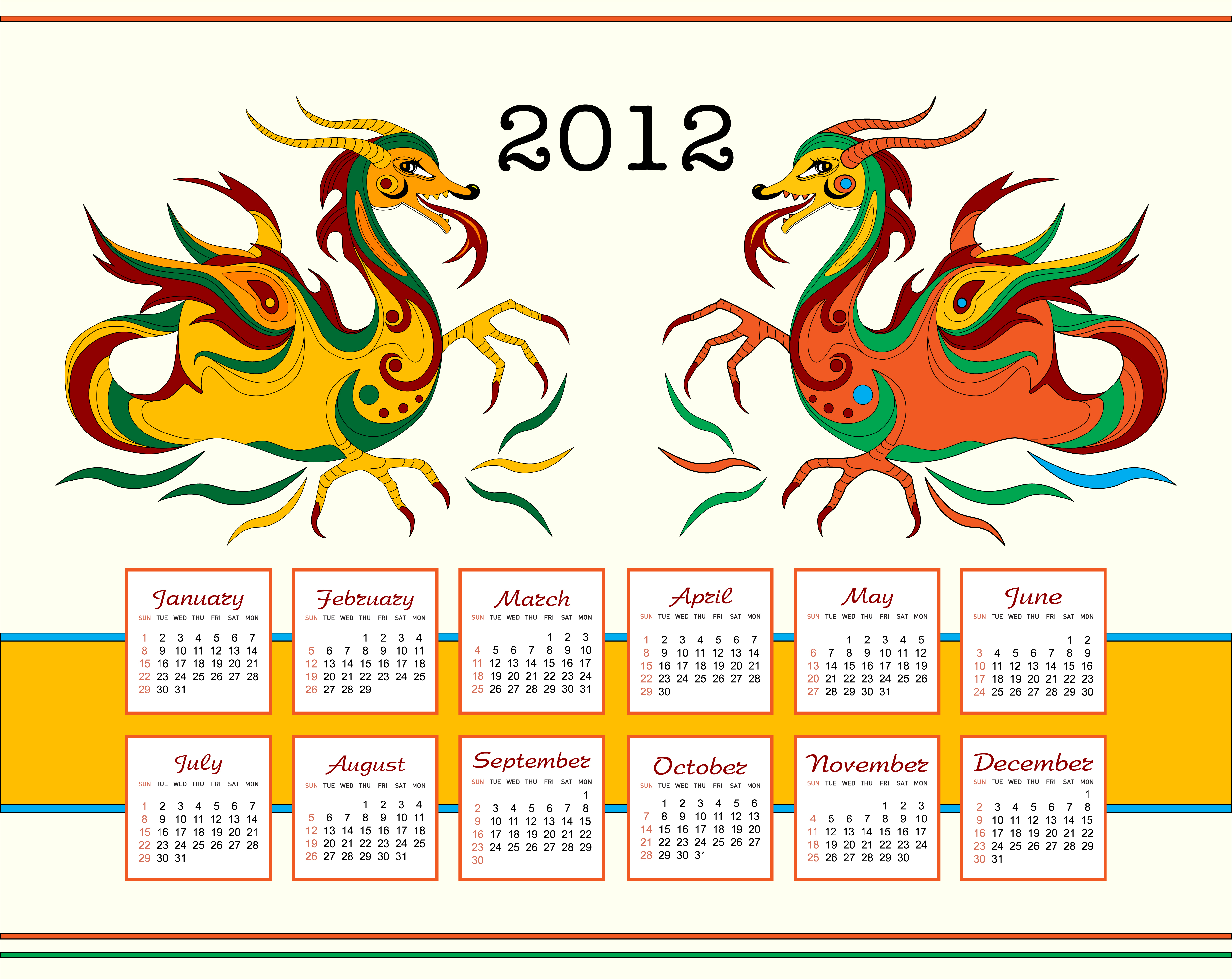 2012 calendar template colorful flat dragon sketch