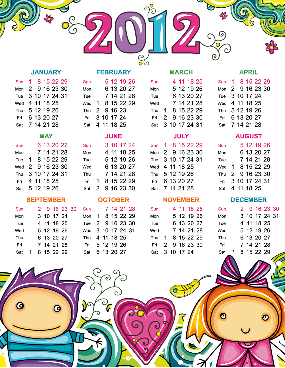 2012 calendar template cute colorful handdrawn cartoon elements