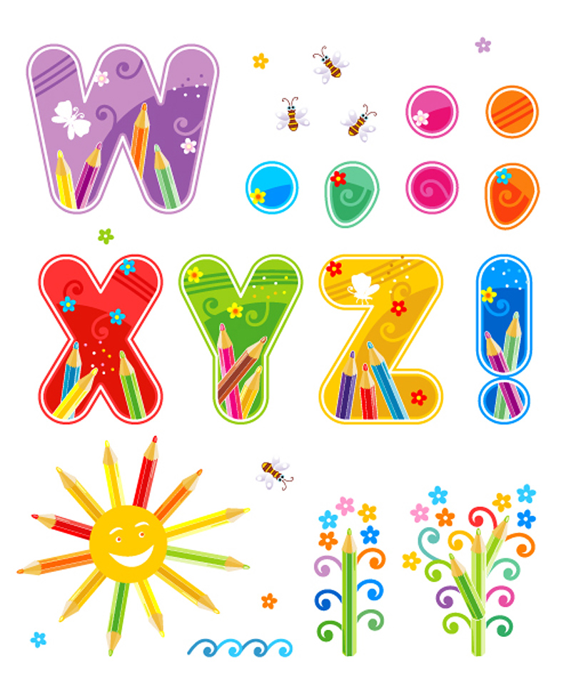 alphabet decor elements colorful cute nature education symbols sketch