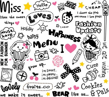 decorative elements cute handdrawn texts symbols sketch