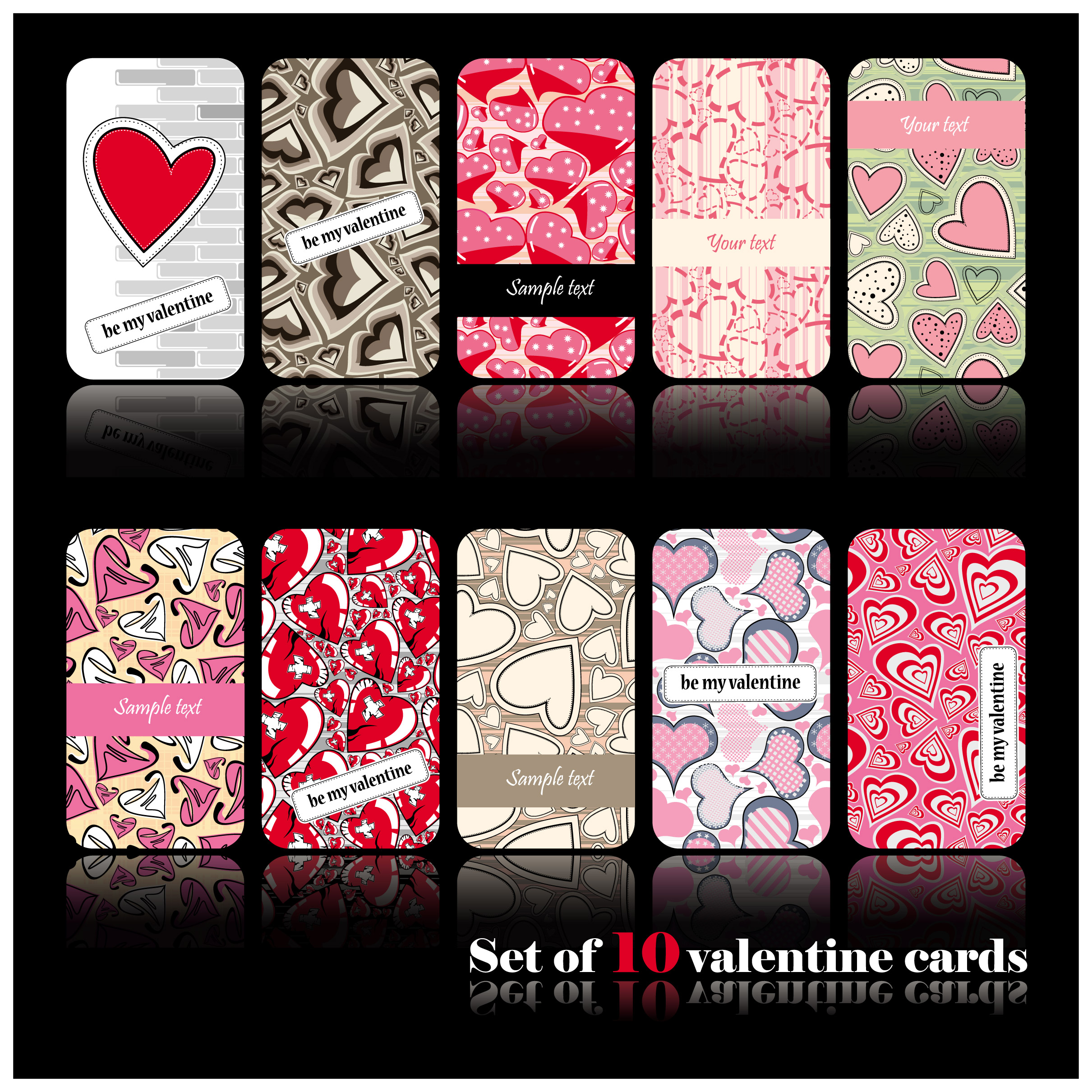 love cards templates collection flat hearts shapes sketch