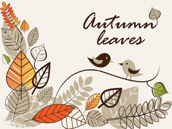 autumn background template handdrawn classic leaves birds sketch