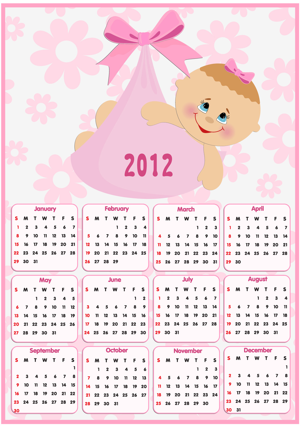 2012 calendar template cute pink petals kid sketch