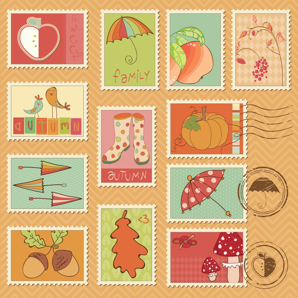 nature stamps collection colorful handdrawn classical themes