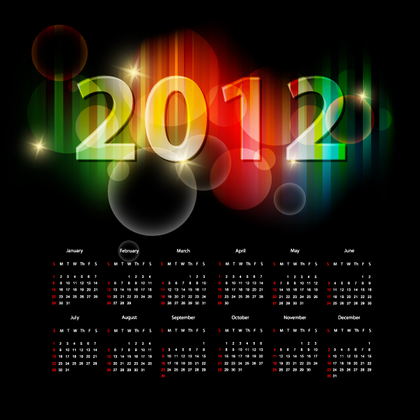 2012 calendar template dark elegant design sparkling light