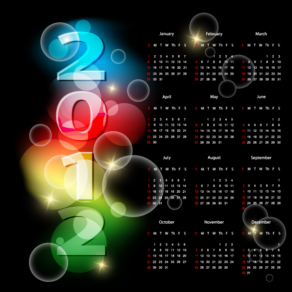 2012 calendar template dark sparkling bubbles decor