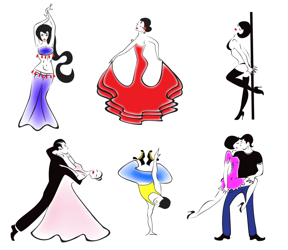 dancers icons colorful dynamic handdrawn cartoon characters