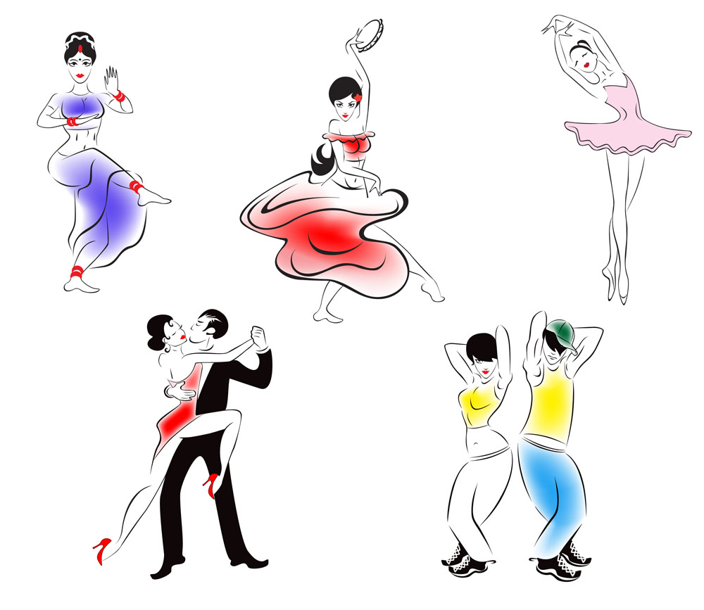 dancing icons colored dynamic design handdrawn sketch